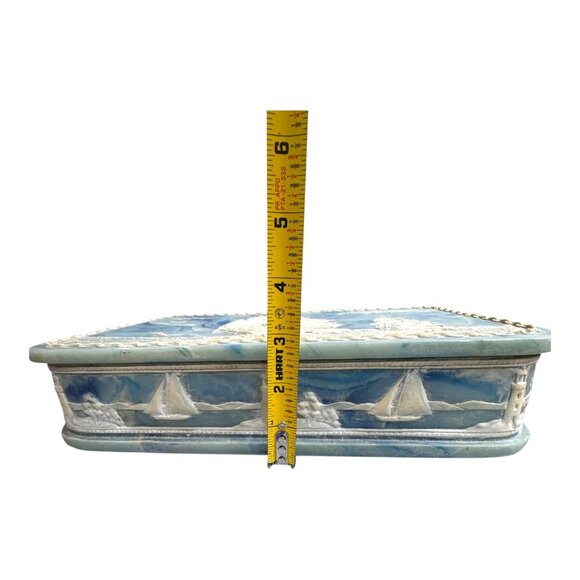 Nautical Sailing Clipper Ships Incolay Stone Jewelry Keepsake Box Large Usa 12" - Picture 7 of 16